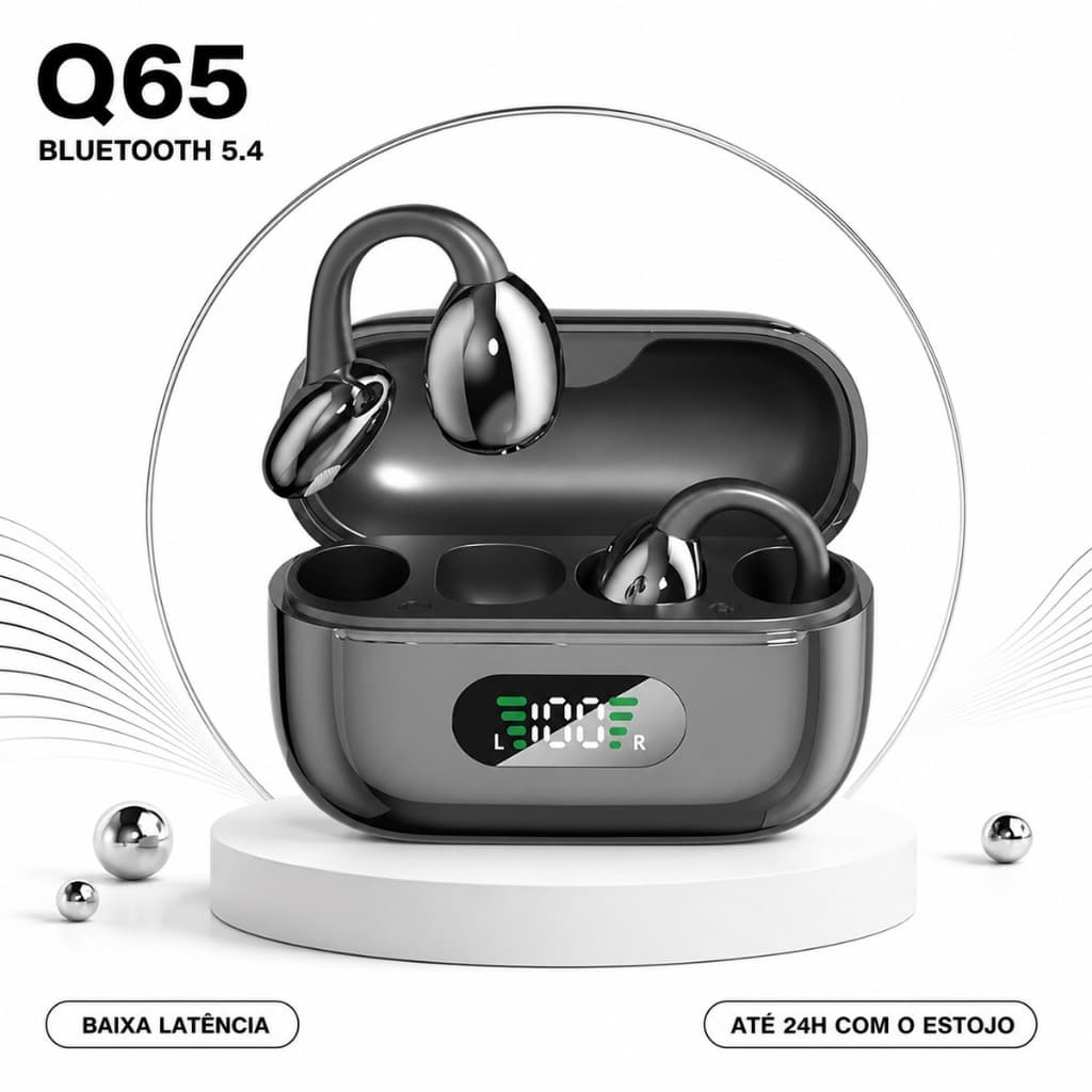 Fone Bluetooth Q65 Ear Clip TWS Confortável Som Claro Modo Mono e Estéreo Bateria Até 24H