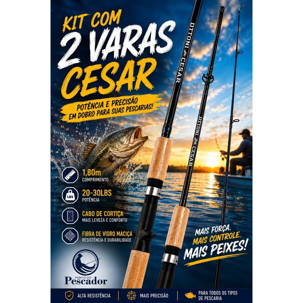 Kit Com 2 Varas De Pesca Ottoni 30 LBS Suporta 15 KG- Vidro Maciça