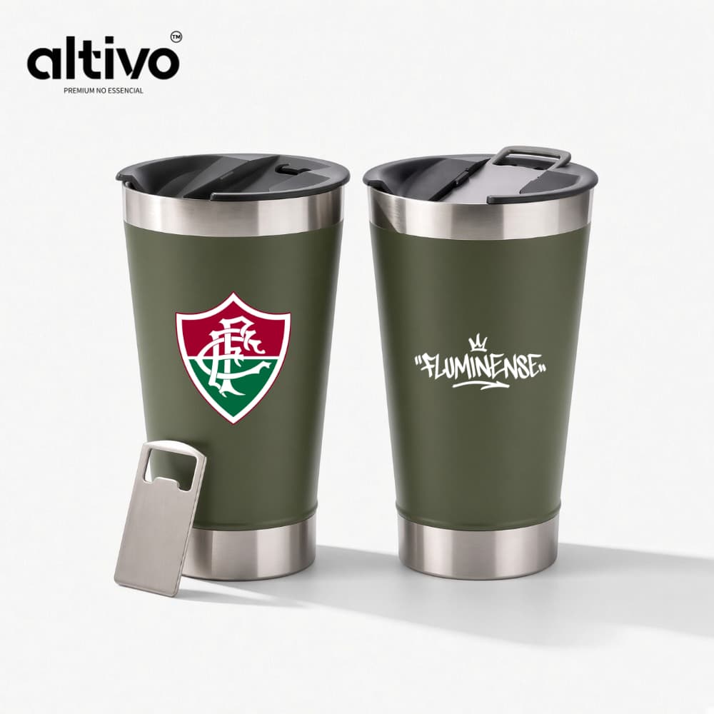 Copo Térmico Fluminense Football Club Time de Futebol 473ML com Tampa Rosqueável e Abridor em Aço Inoxidável