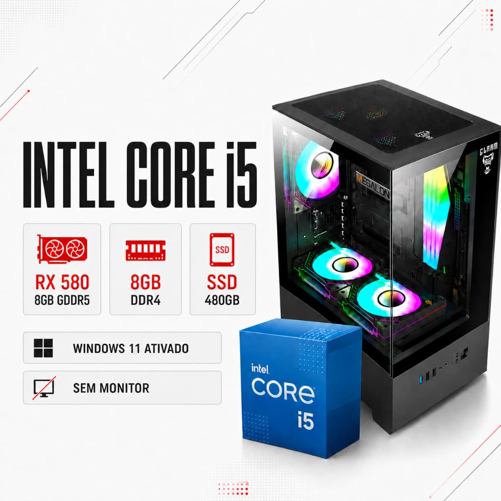 Computador Gamer Intel Core i5 8GB SSD 480GB RX 580 8GB Windows 11