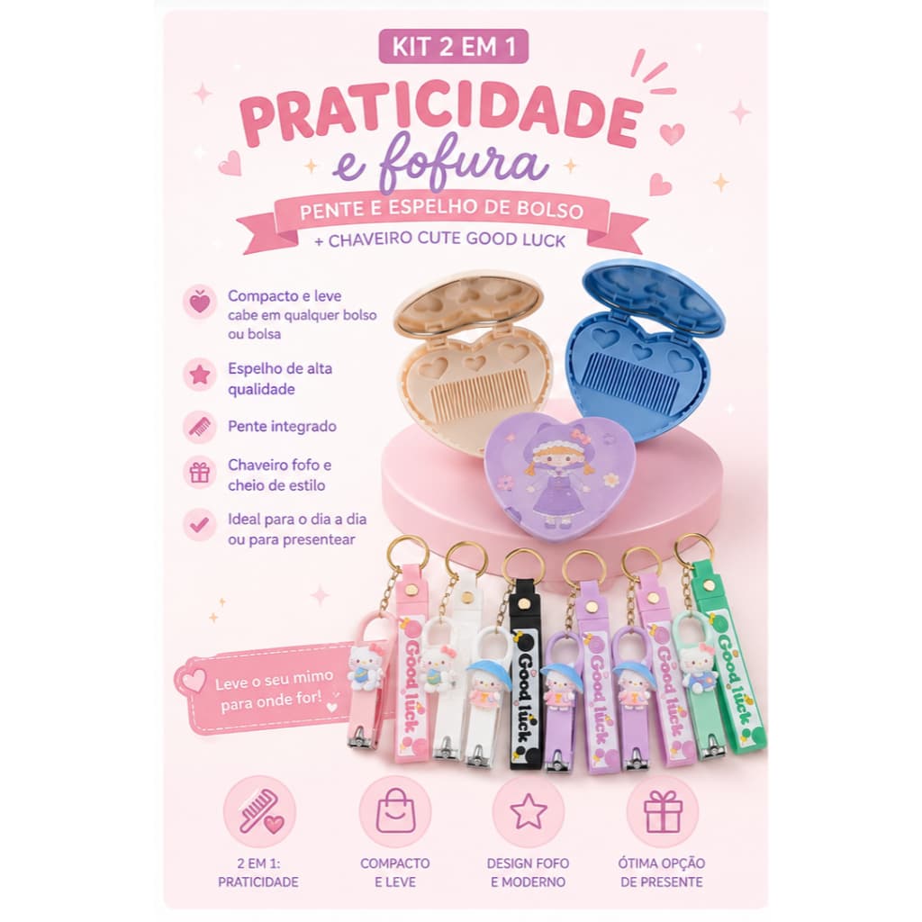 Kit Mini Espelho Portátil  + Pente + Chaveiro Multifuncional Kawaii