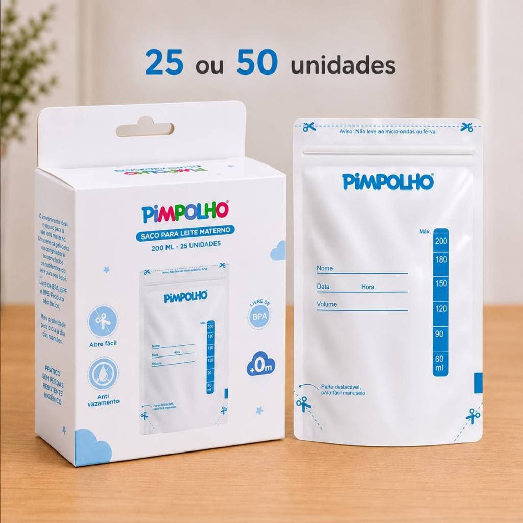 Kit Sacos Armazenar Leite Materno 25 ou 50 Unidades Transparente 200ml PIMPOLHO