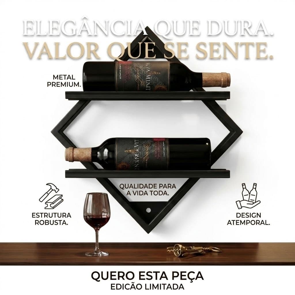 ADEGA DE VINHO DE PAREDE SUPORTE 2 GARRAFAS DECORAÇÃO DE PAREDE SALA COZINHA ESCRITÓRIO BAR COR PRETO