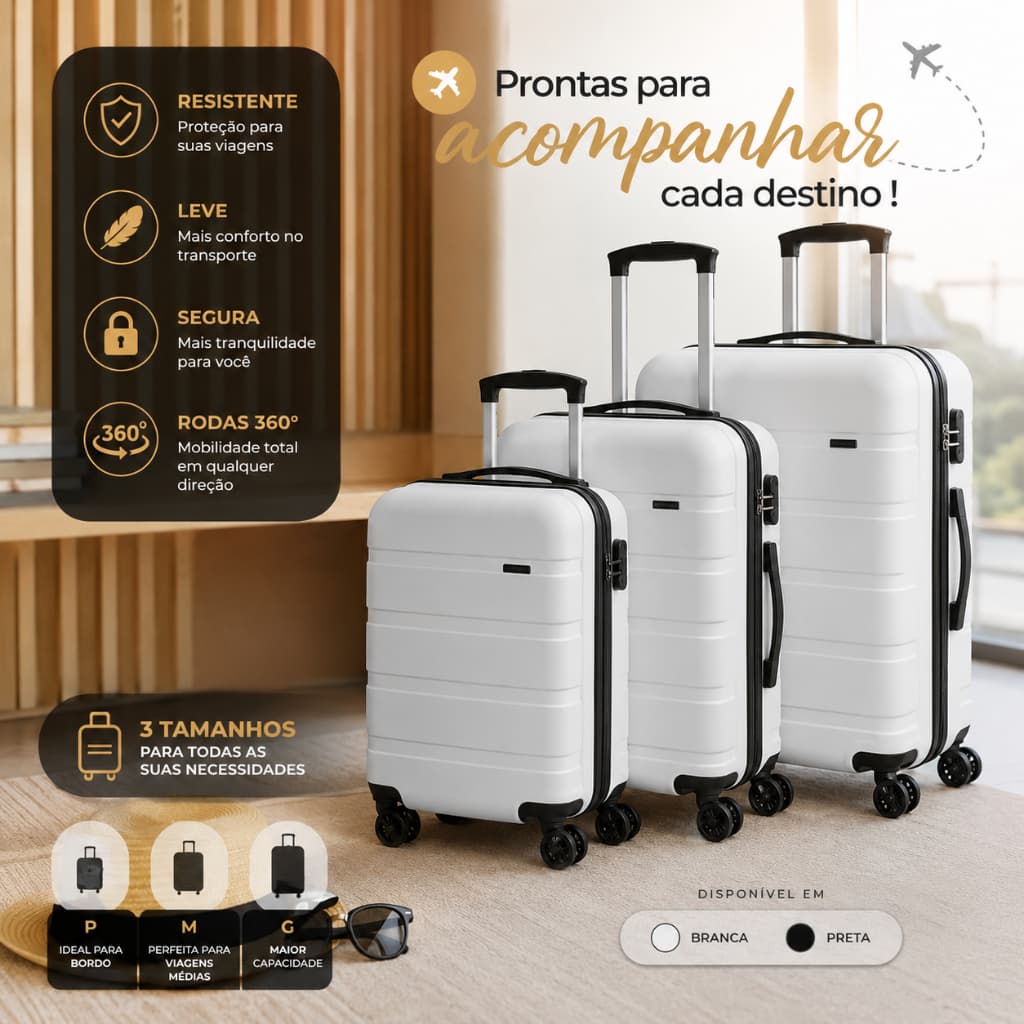 Kit De 3 Malas De Viagem Branca ou Preto Rodinhas 360º alça telescópia 3 posições Resistente Viagem Férias