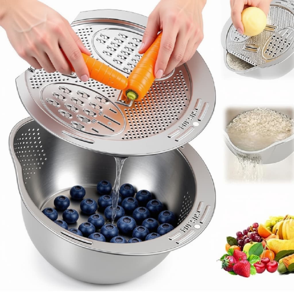 Ralador com Bacia Inox 4 em 1 Multiuso Ralar Legumes Queijo Escorrer Arroz Cozinha Prática