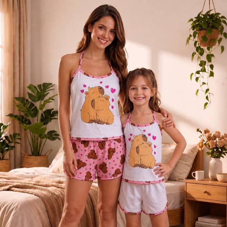 Kit Short Doll Mãe e Filha Alcinha Estampada Atacado Baby Doll Pijama Feminino Short Doll Infantil Pijama Feminino
