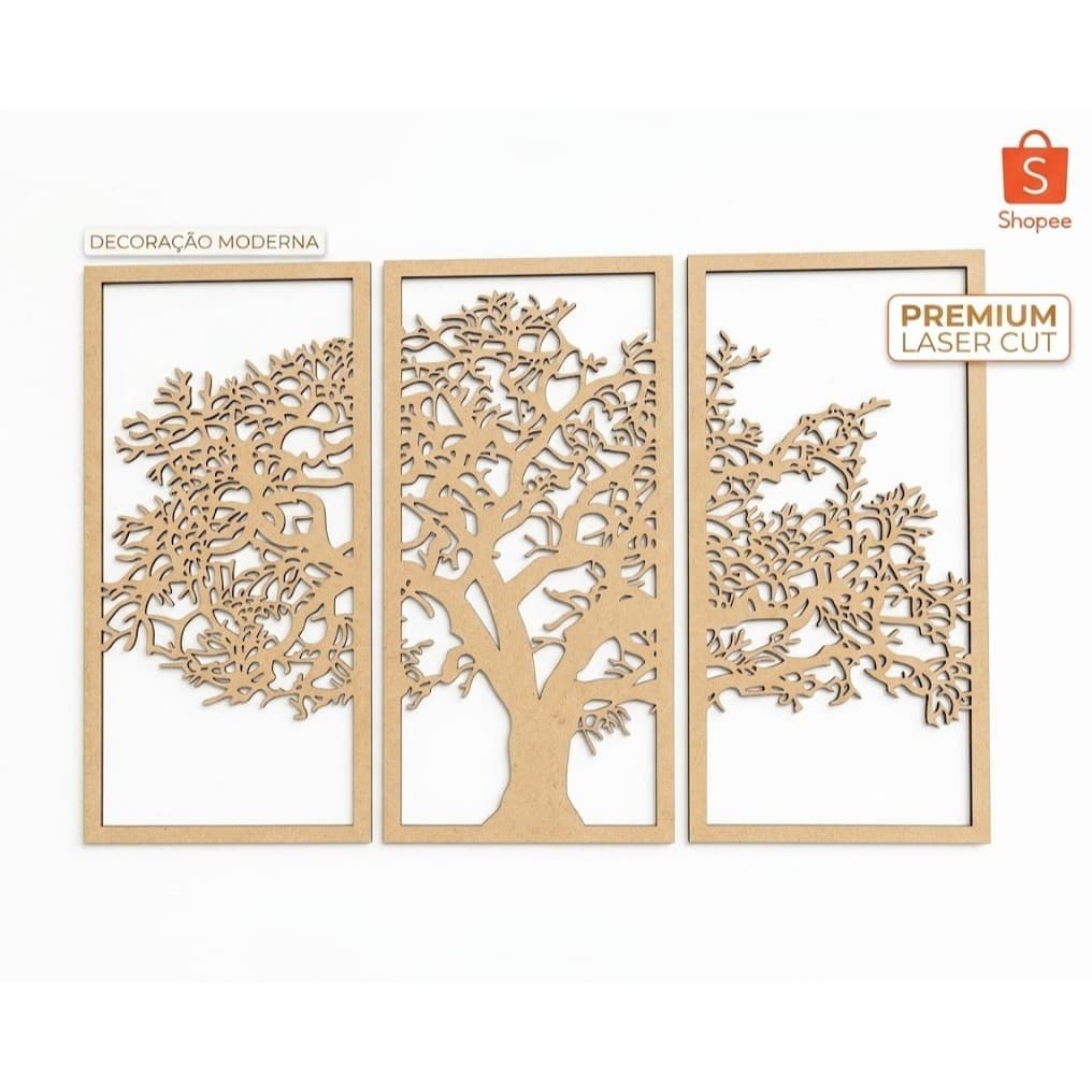 Quadro Decorativo Árvore Da Vida 3 Peças Madeira Crua