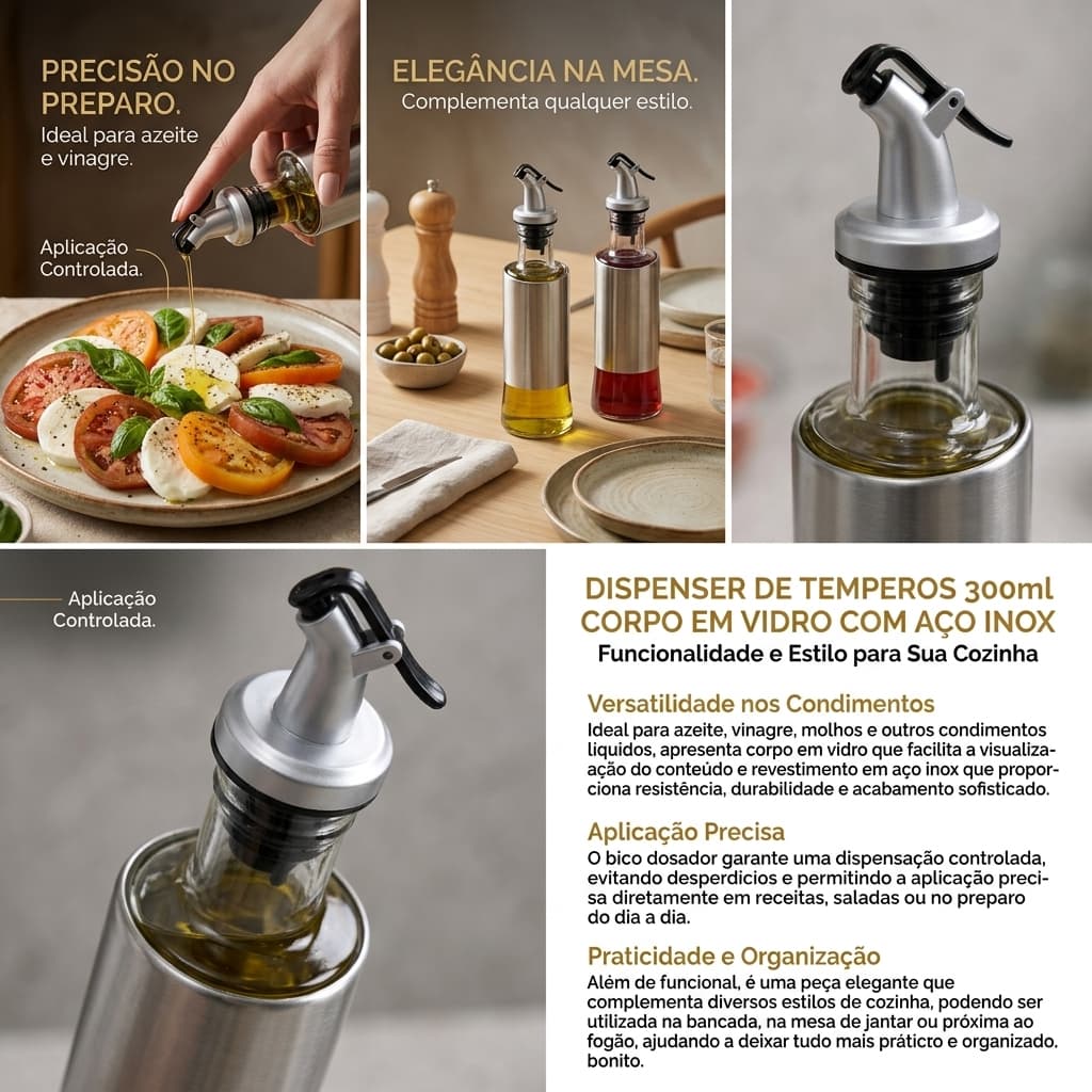 Porta Azeite e Vinagre Dispenser de Temperos 300 ml Vidro com Inox Molheiro Galheteiro Bico Dosador