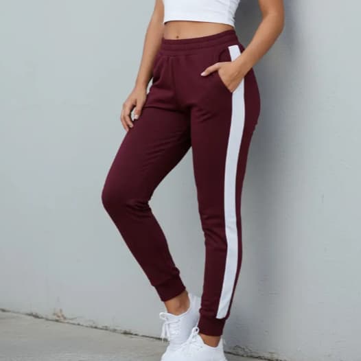Calça Malha Crepe Feminina Jogger Listrada Bolso Academia Cintura Alta Slim Fit