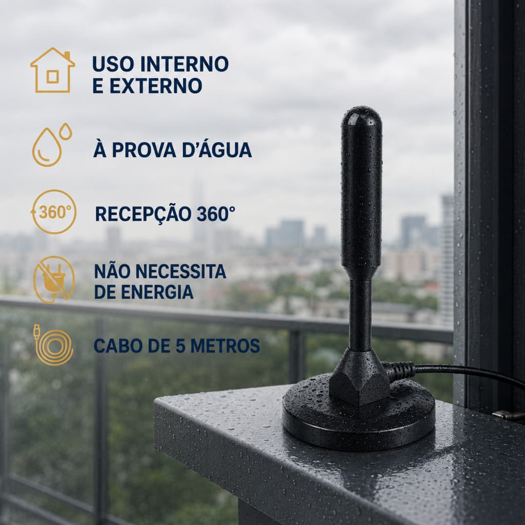 Antena Digital Hdtv Interna E Externa Prova Agua Cabo 5metro Preto