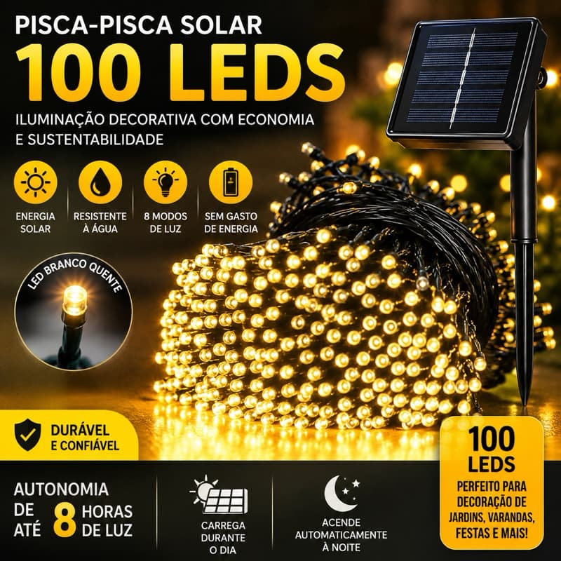 Luzes Solares LED à Prova D’água 10M/20-8 Modos de Iluminação, Cordão Decorativo para Jardim, Varanda e Natal