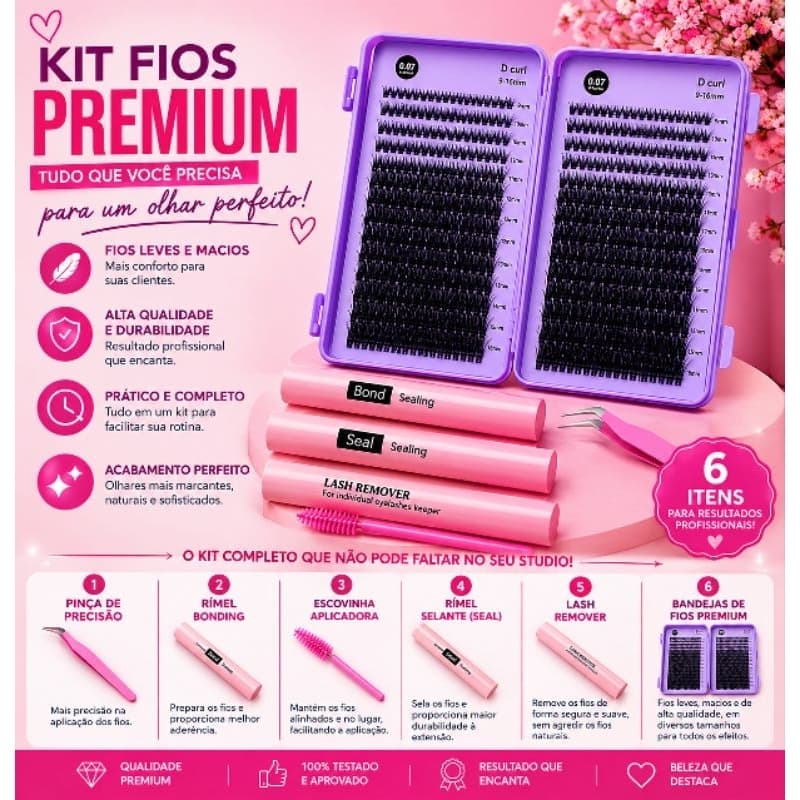 Cílios Tufinho 20D 30D 8 mm a 14 mm Kit com Cola Removedor Esvovinha e Case