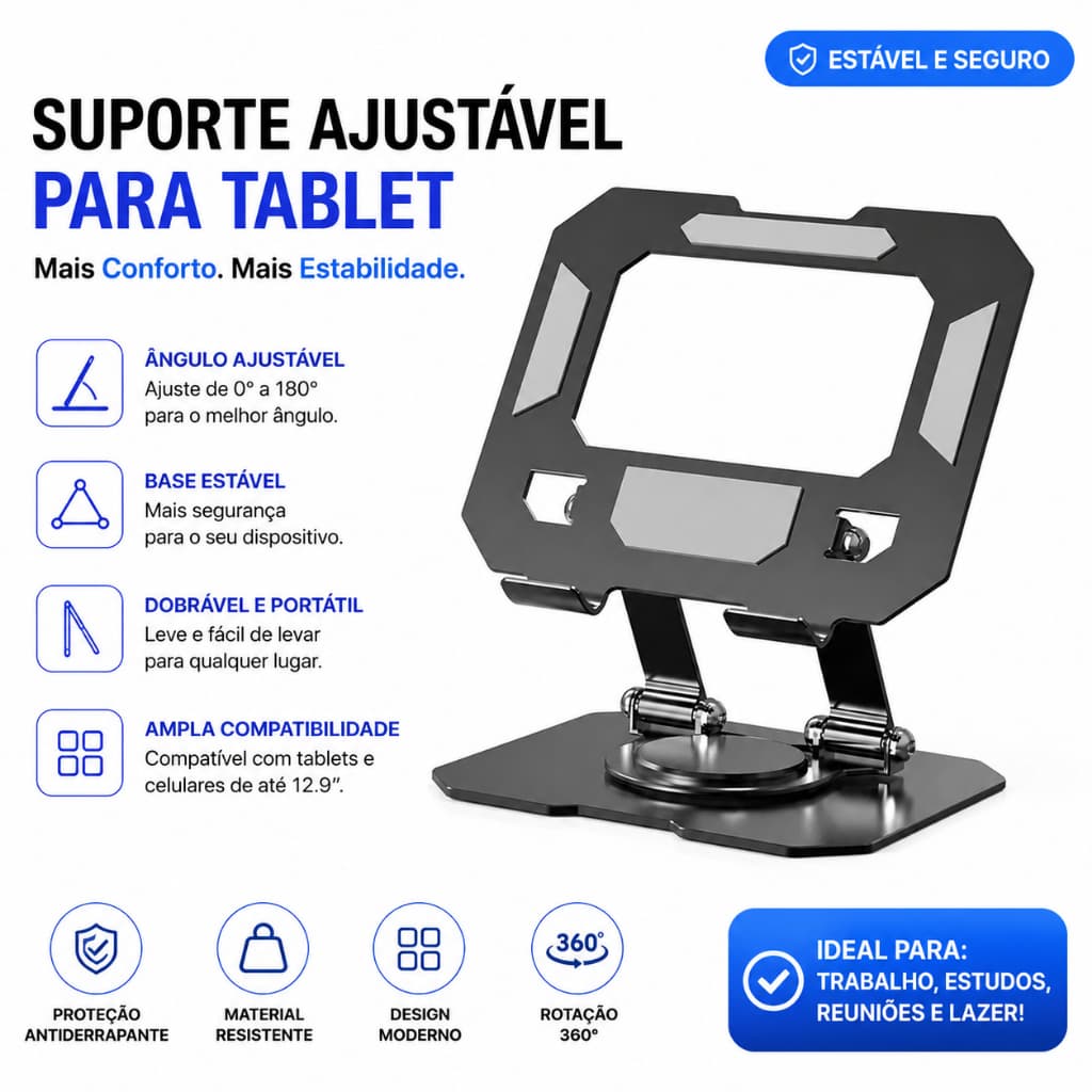 360 Tablet Table Stand° Carbon Steel | Adjustable and Foldable Base | Ergonomic Support