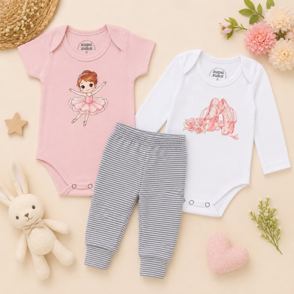 Kit Body Bebê 3 peças Bailarina, Body Manga Longa, Body Manga Curta e Calça Roupas de Bebê Conjunto de Bebê Balé
