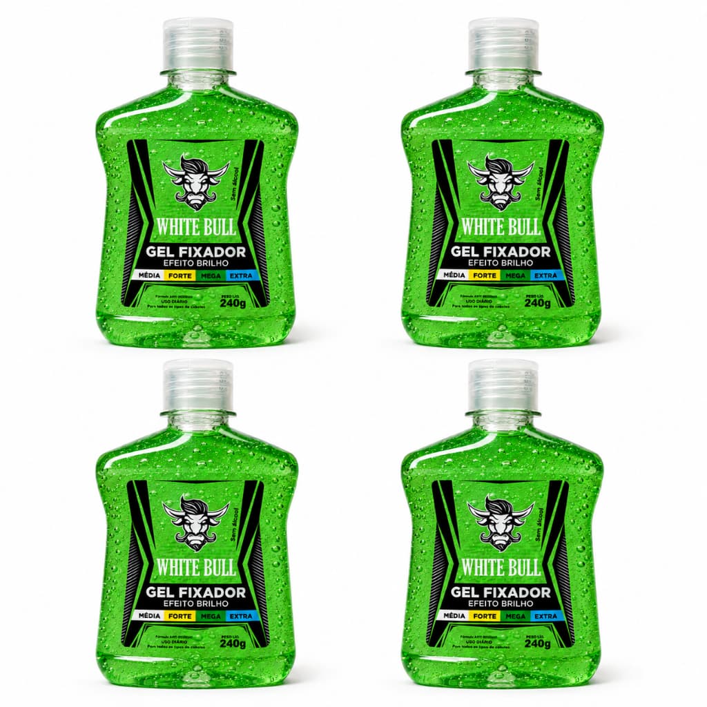 Kit c/ 4 Gel Fixador Mega Efeito Brilho 240g - White Bull Gel de Cabelo Masculino Fixação Mega Brilho