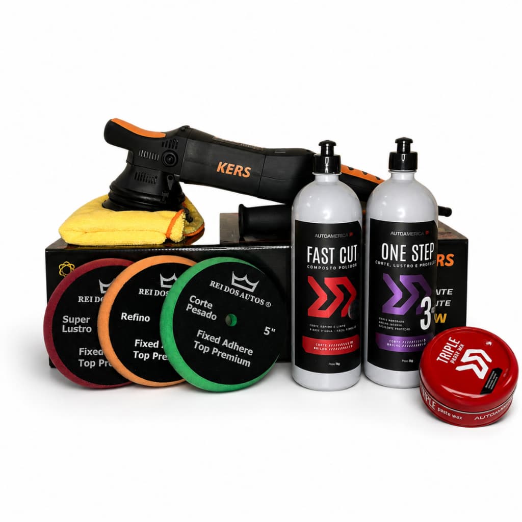 Kit Polimento Automotivo Politriz Kers RS 127v 15mm + Fast Cut + One Step + Cera 100g + Boinas 5 Polegadas E Flanela
