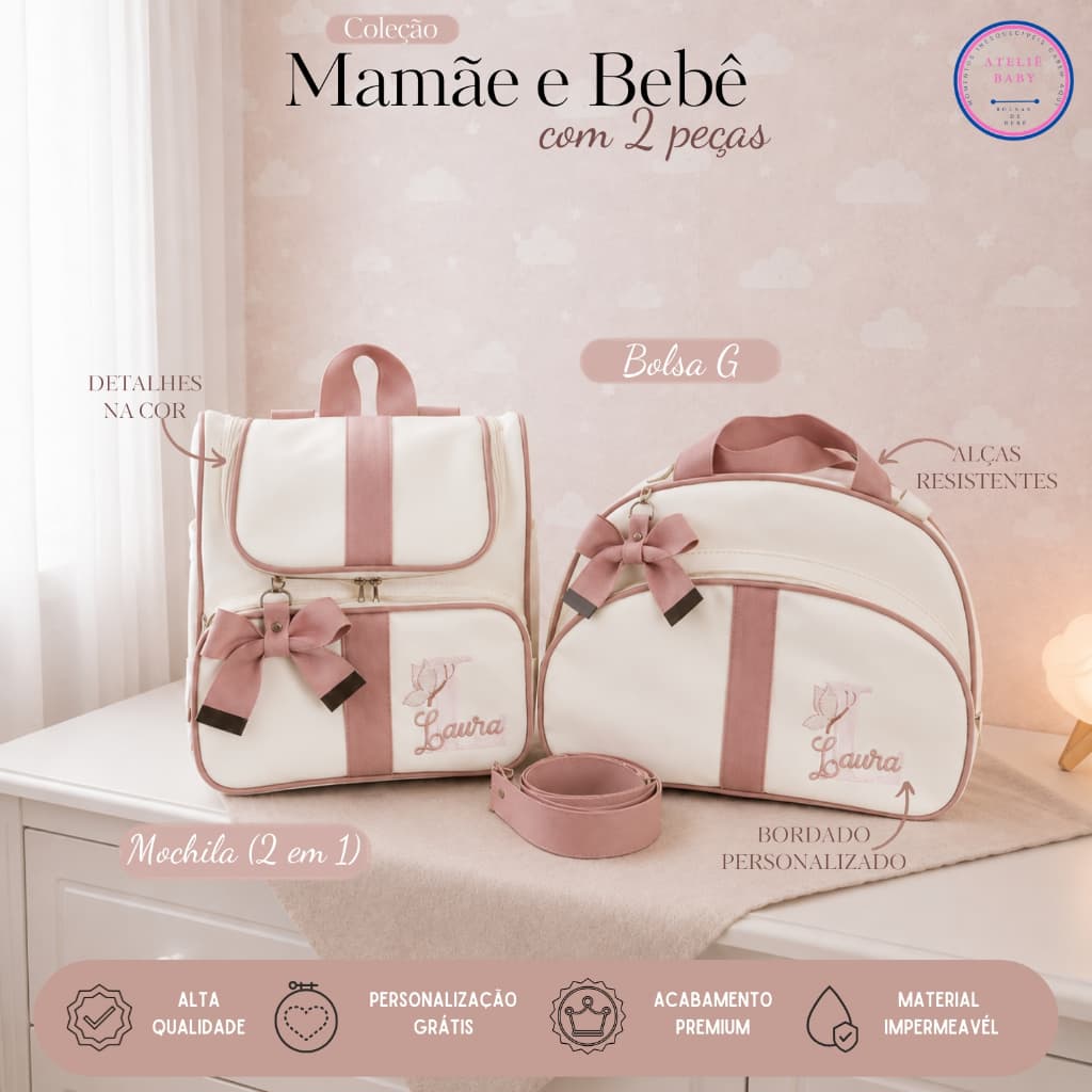 kit Bolsas Maternidade 2 Peças Personalizada, Térmica e Impermeável | Mamãe e Bebê