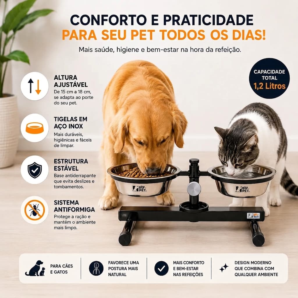 Comedouro Cachorro Gato Anti Formiga Elevado Duplo Ajustável 1.2 Litros Bebedouro