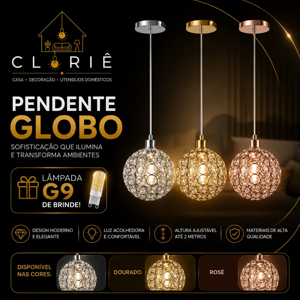 Pendente Globo Bolinha Cristal Luxo + Lâmpada G9 7W Comado Dourado Rose