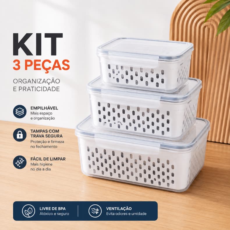 Kit 3 Potes Hermeticos Alimentos Vegetais Organizadores Geladeira 850ML/1750ML/3300ML