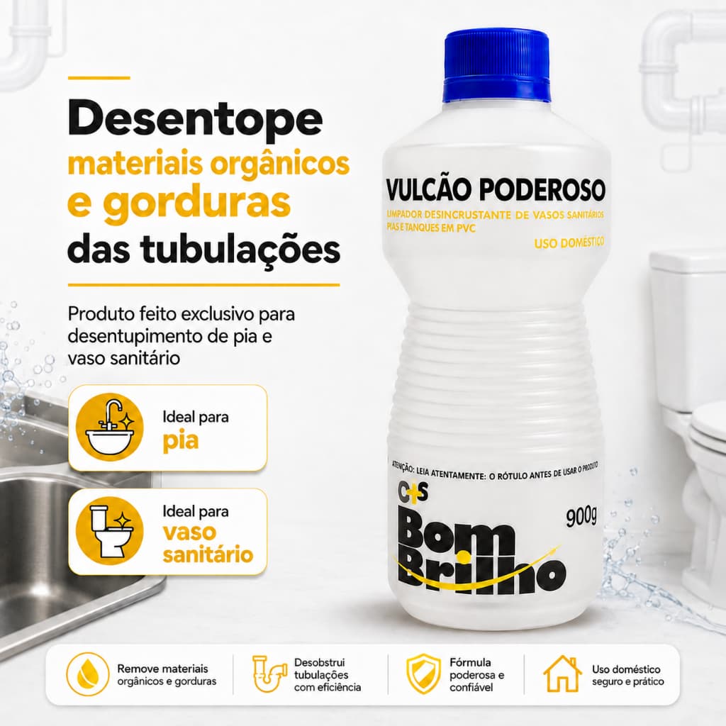 Desentupidor de Pia e Vaso Sanitário – Vulcão Poderoso Remove Gorduras e Resíduos Orgânicos