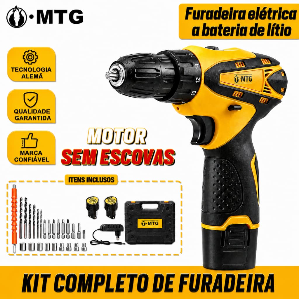 Furadeira Parafusadeira Sem Fio MTG 12V Brushless com 2 Baterias, Maleta, Brocas, Bits e Acessórios