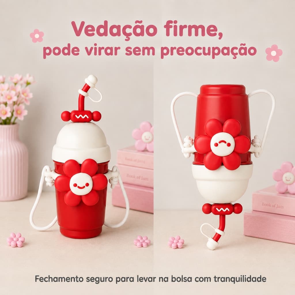 Eletromex Copo Térmico 480ml Aço Inox 316 Flor 3D Canudo com Protetor Alça Transversal Anti‑vazamento Uso Diário