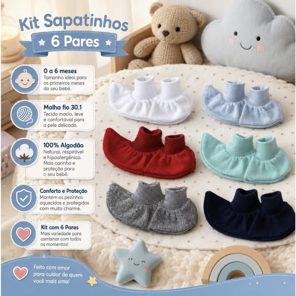 Kit Sapatinhos 06 Pares Para Bebê RN Malha Hipoalergênico 100% Algodão.
