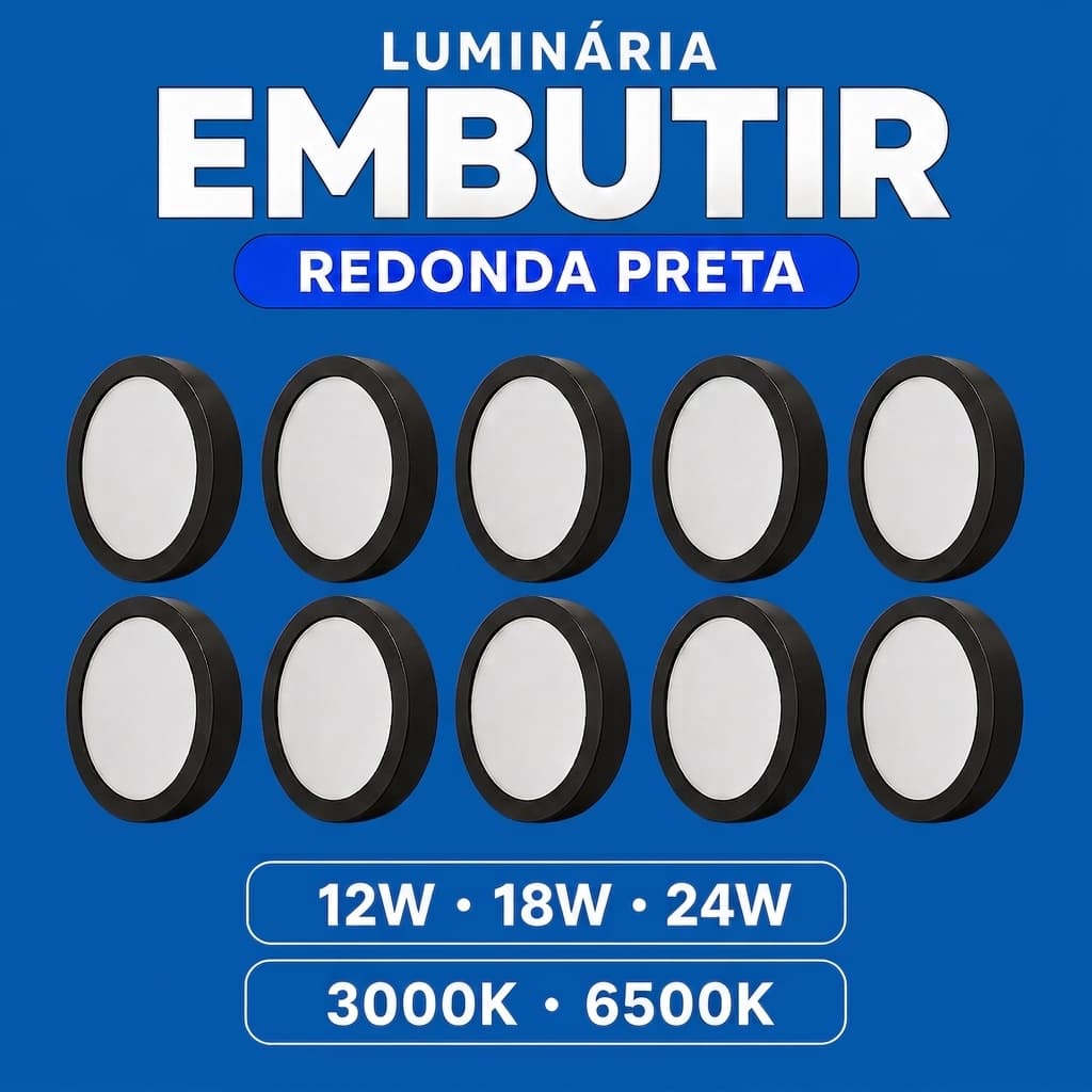 Kit 10 Luminária Painel Plafon Embutir 12W 18W 24W 6500K 3000k Preto Elgin