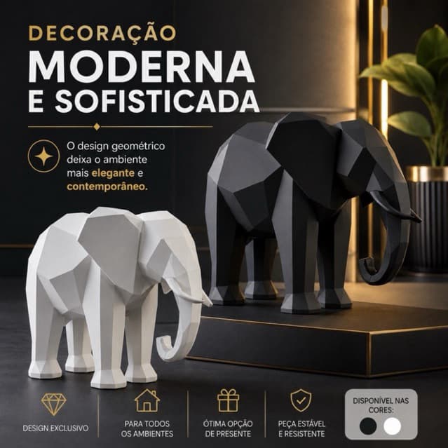 Elefante Decorativo Low Poly Geométrico Branco Preto Enfeite Casa Sala Estante Aparador Mesa Decoração Moderna Presente!