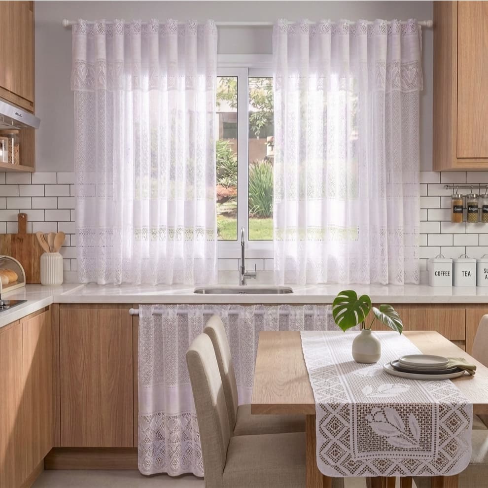 Kit Cortinas Janela e Pia + Trilho Caminho de Mesa Decoração Tulipa Branca