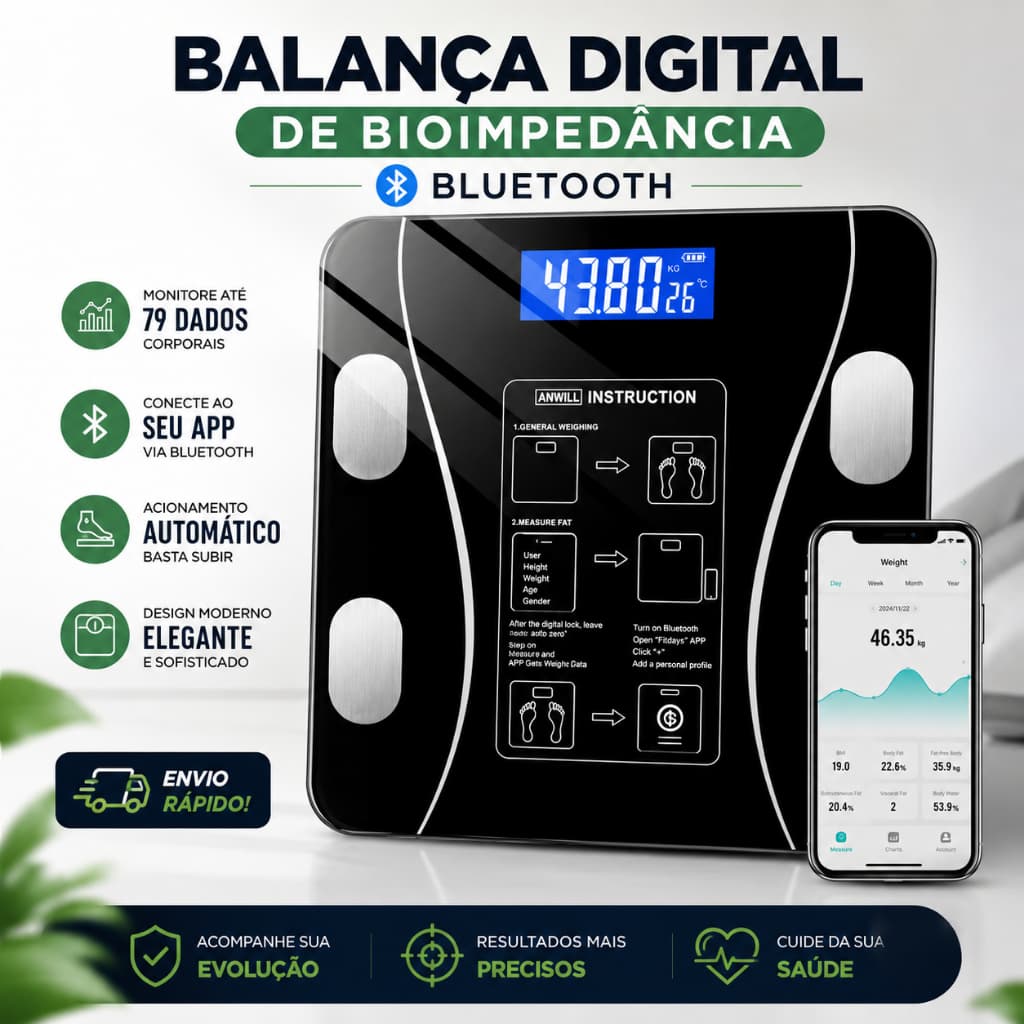 Balança Titanium Digital Bioimpedância Bluetooth Cor Preto