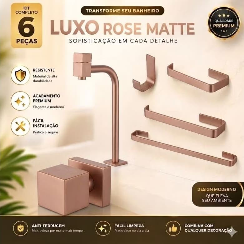 kit completo luxo no Rose Gold kit 6 peça para banheiro