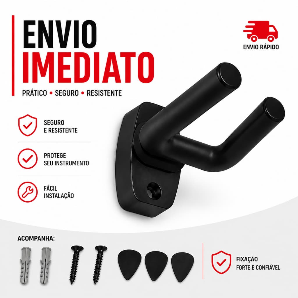 Suporte de Parede Violão Cavaquinho Ukulele Guitarra Violino + 3 Palhetas/+ Buchas e Parafusos