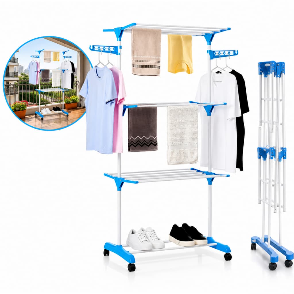 Varal De Chão Dobrável 3 Andares Rodinhas Abas Retráteis Portátil Prateleiras Roupas Calçados 170cm