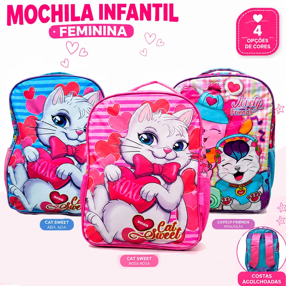 Mochila Infantil Feminina Escolar Cat Sweet Lovely Friends Menina Grande Estampada