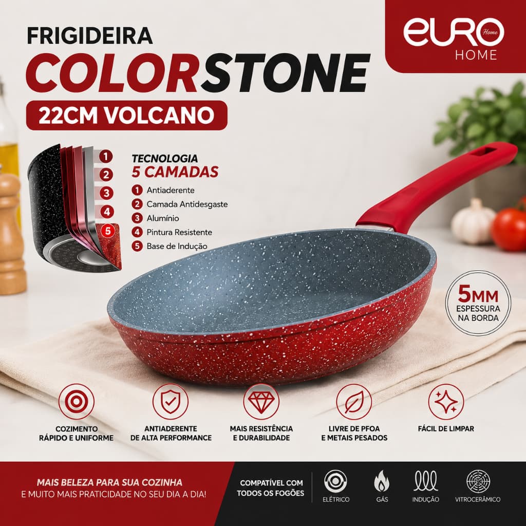 Frigideira Colorstone Volcano 22cm Antiaderente 5 Camadas Indução Gás Elétrico