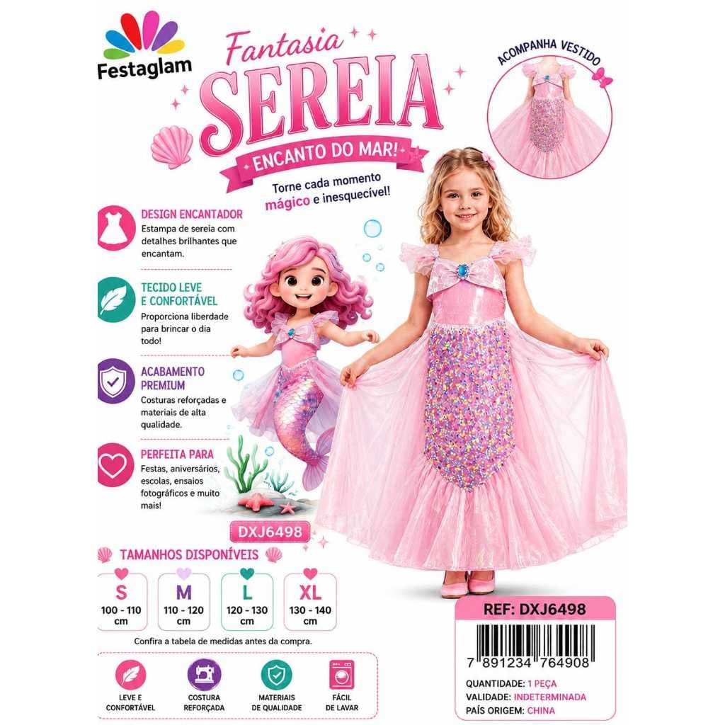 Fantasia Sereia Infantil Fantasia Infantil Sereia Rosa – Vestido Encantado para Meninas