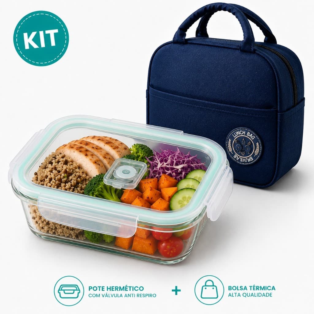 Kit Pote De Vidro Hermético Para Marmita Com Bolsa Térmica Para Trabalho, Escola, Academia E Escritório.