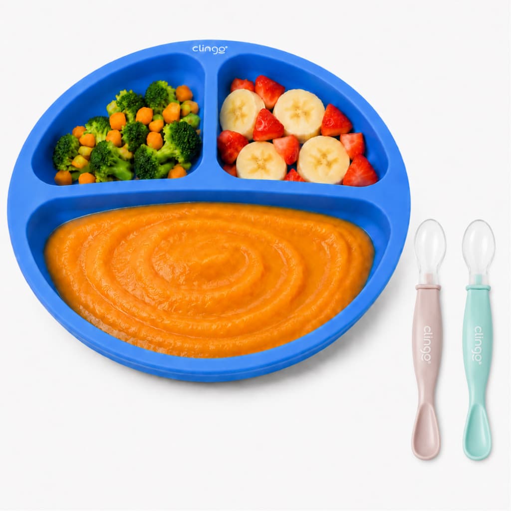 Kit Alimentação Infantil Prato de Silicone Azul 3 Divisórias + 2 Colheres Ponta Dupla para Bebê Introdução Alimentar 6m+