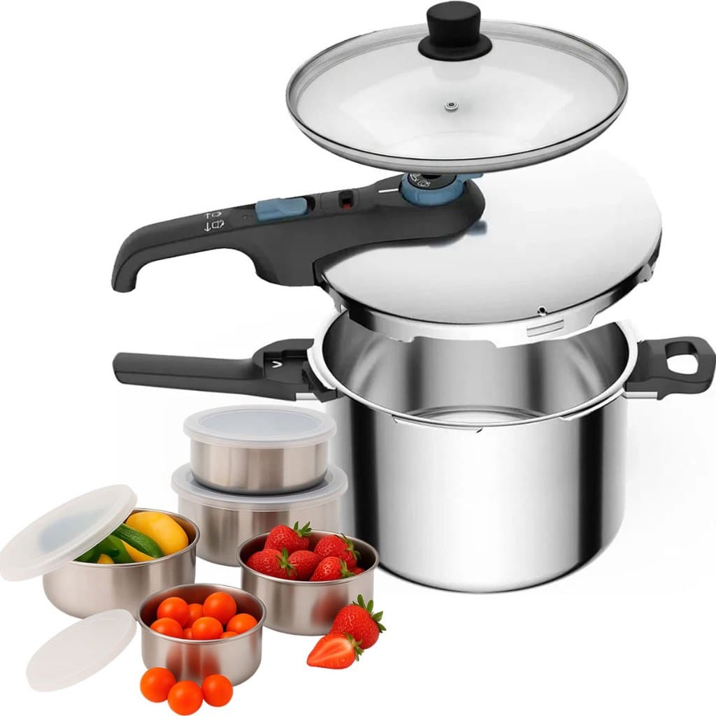 Panela de Pressão 2 em 1 Rochedo Trendy 6L Aço Inox e Indução Com Jogo de Potes em Aço Inox 5pçs