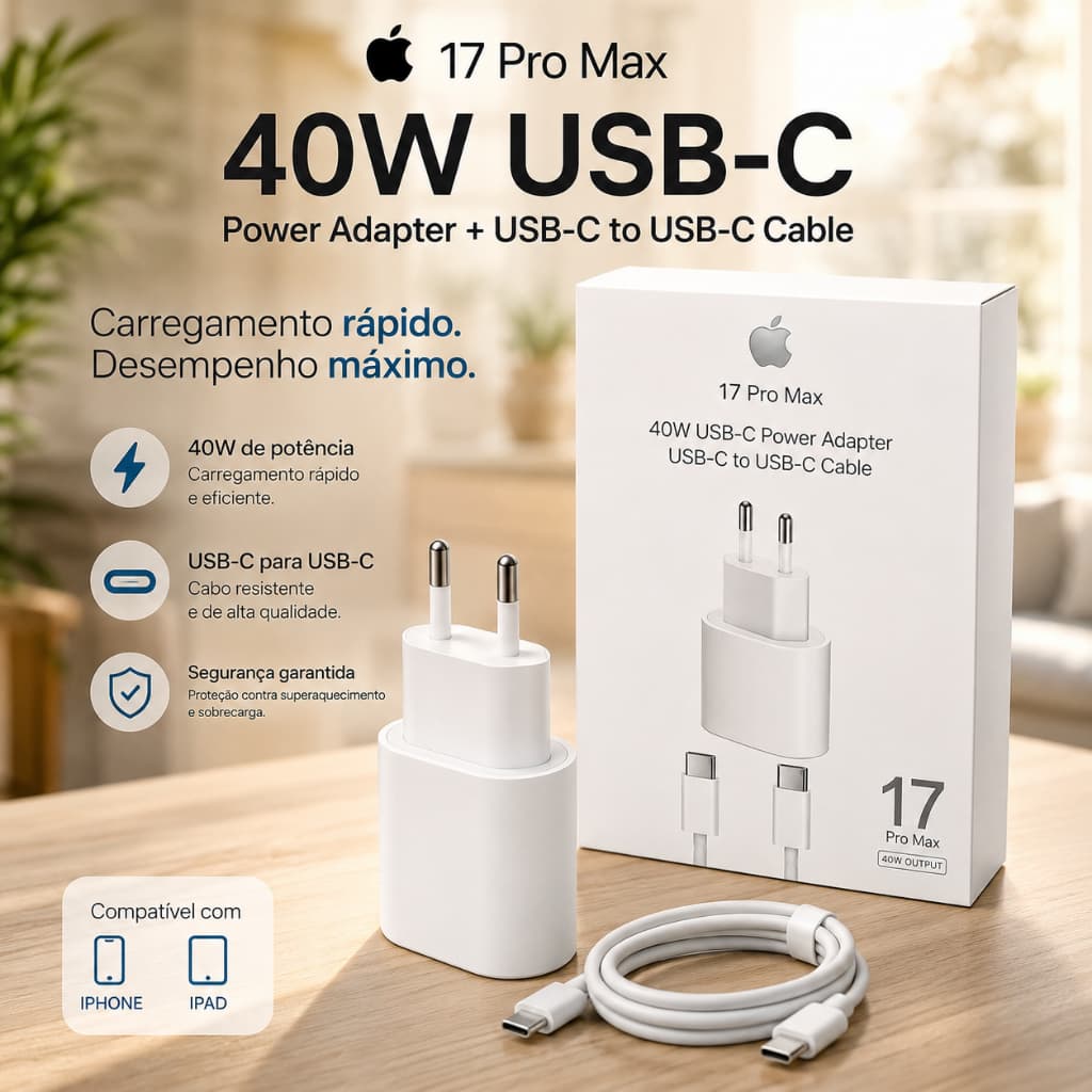Cabo USB-C Tipo C e Fonte Turbo 40W iPhone  Compativel com Iphone 17, 16 e 15 Carregador Rápido Alta Durabilidade