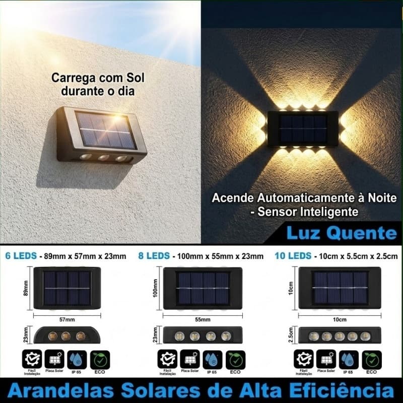 Kit Arandela Solar Jardim Fachada 6 8 10 LEDs Luz Quente Luminária Externa IP65 Decoração Quintal - Envio do Brasil