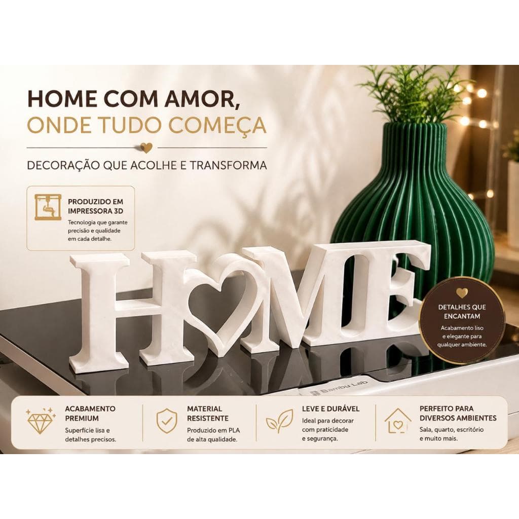 Kit Decoração HOME com Vaso 3D | Letreiro HOME Decorativo para Sala, Mesa e Rack | Enfeite Moderno