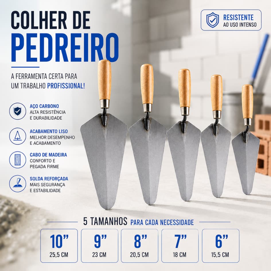 Colher de Pedreiro 6" 7" 8" 9" 10" Canto Reto  Profissional Para Assentamento Reboco Massa e Construção