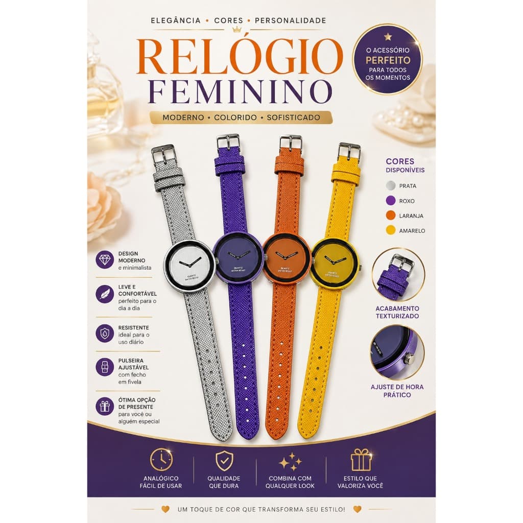 Relógio Feminino Analógico Fashion Luxury Colors