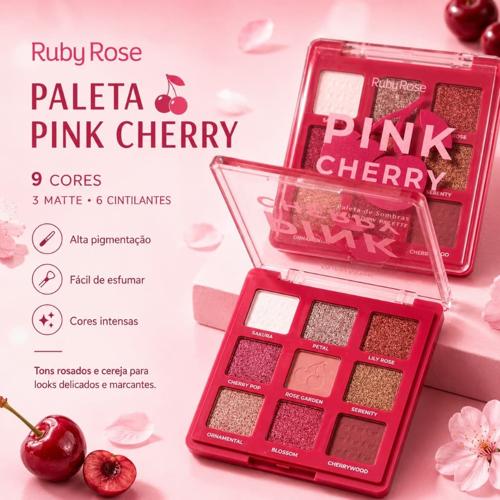 Paleta Sombras Pink Cherry Ruby Rose 9Cores Sendo 3 Matte e 6 Cintilantes