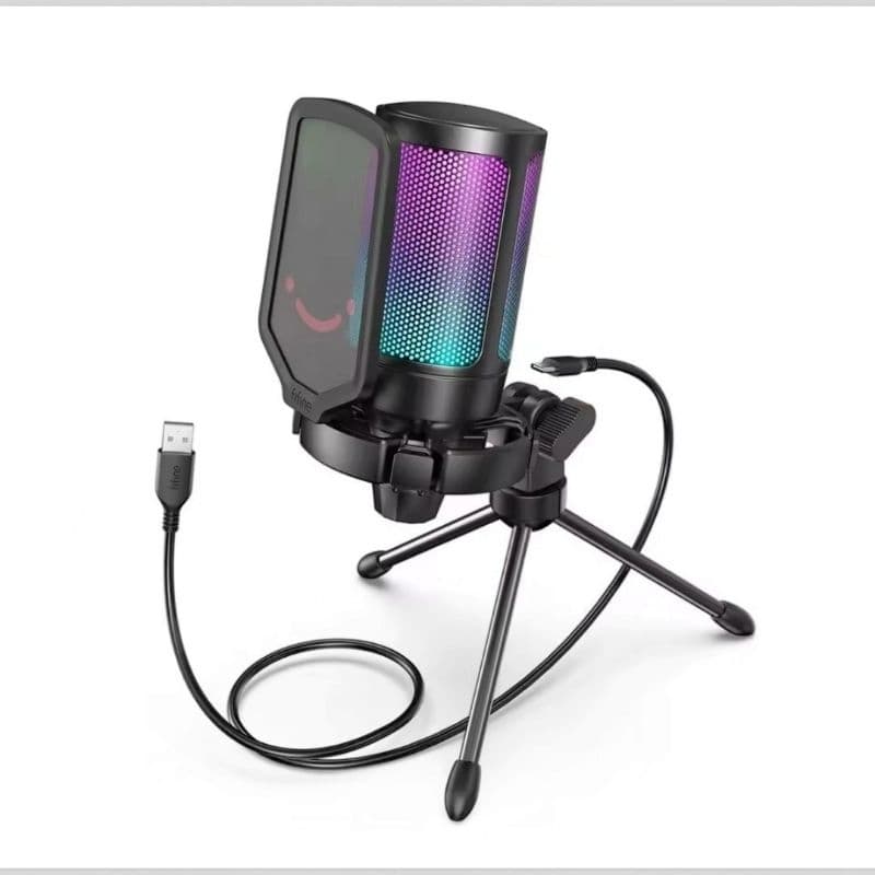 Microfone Gamer Fifine AmpliGame A6V USB RGB com Pop Filter e Tripe