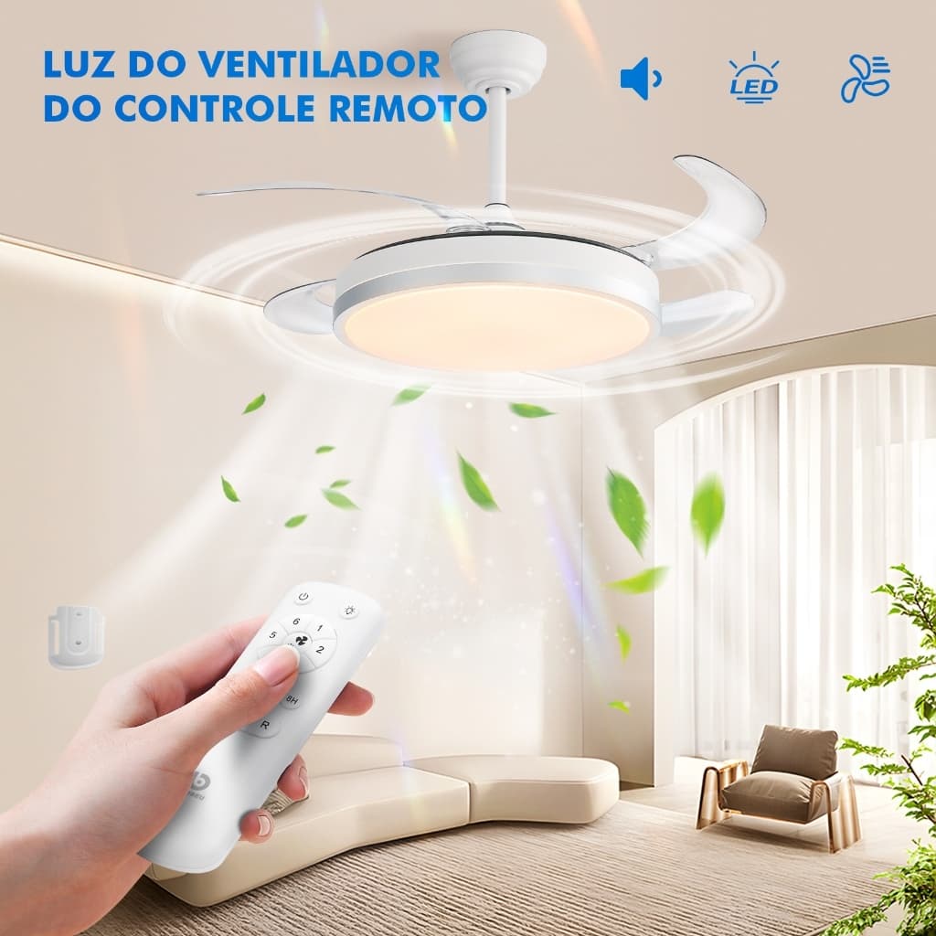Ventilador de Teto 4 Pás Retráteis Ultra Silencioso LED Multicolor Moderno Spotline com Temporizador, Memória de Brilho