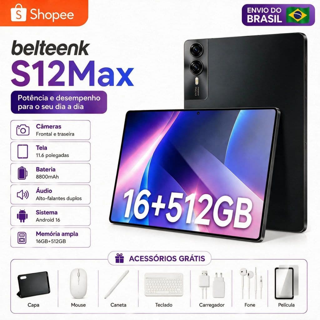 belteenk Com Teclado e Mouse Grátis | Tablet S12Max: 16GB RAM 512GB | Android 16 | Tela 11.6" HD | 5G | Bateria 8800mAh